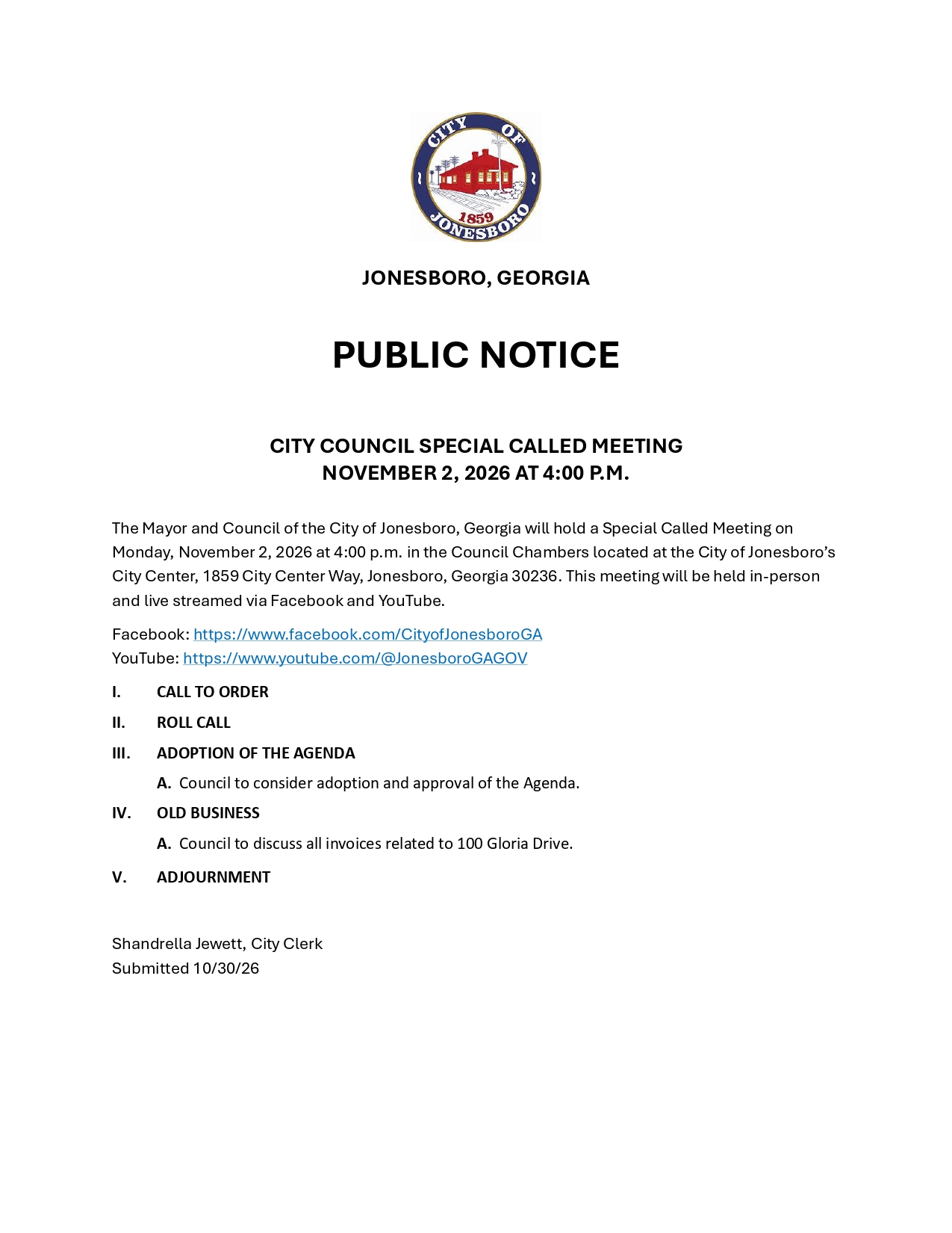PUBLIC NOTICE- SPECIAL CALLED COUNCIL MEETING